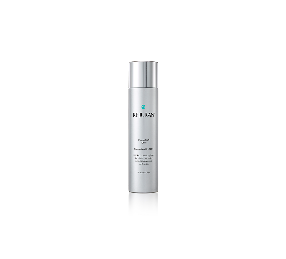 Silver skincare bottle labeled 'Rejuran' on a white background